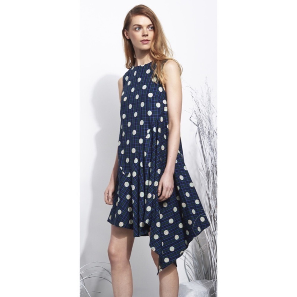 WHiT Blue Lulu Dressin Plaid Dot Sublimation Print Asymmetric Cotton Dress EUC S